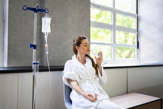 Woman in a hospital room with an IV stand and a window in the background